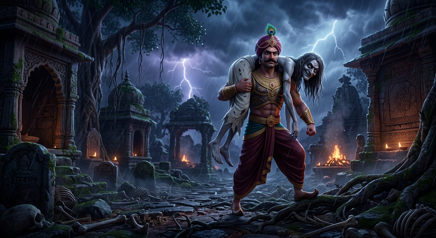 King Vikramaditya carrying the corpse of Betal through the stormy charnel ground
