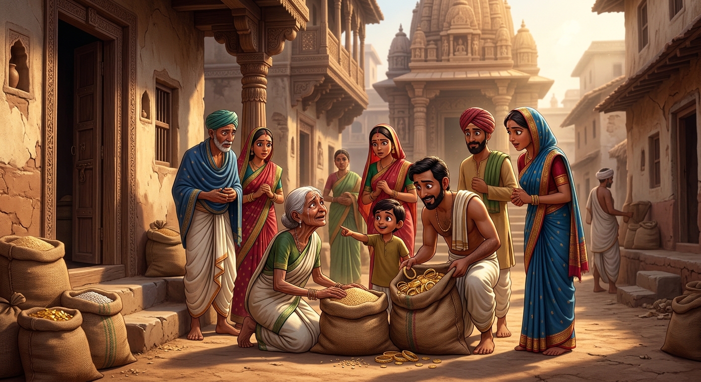 Starving citizens discovering sacks of grain and gold anonymously delivered to their thresholds