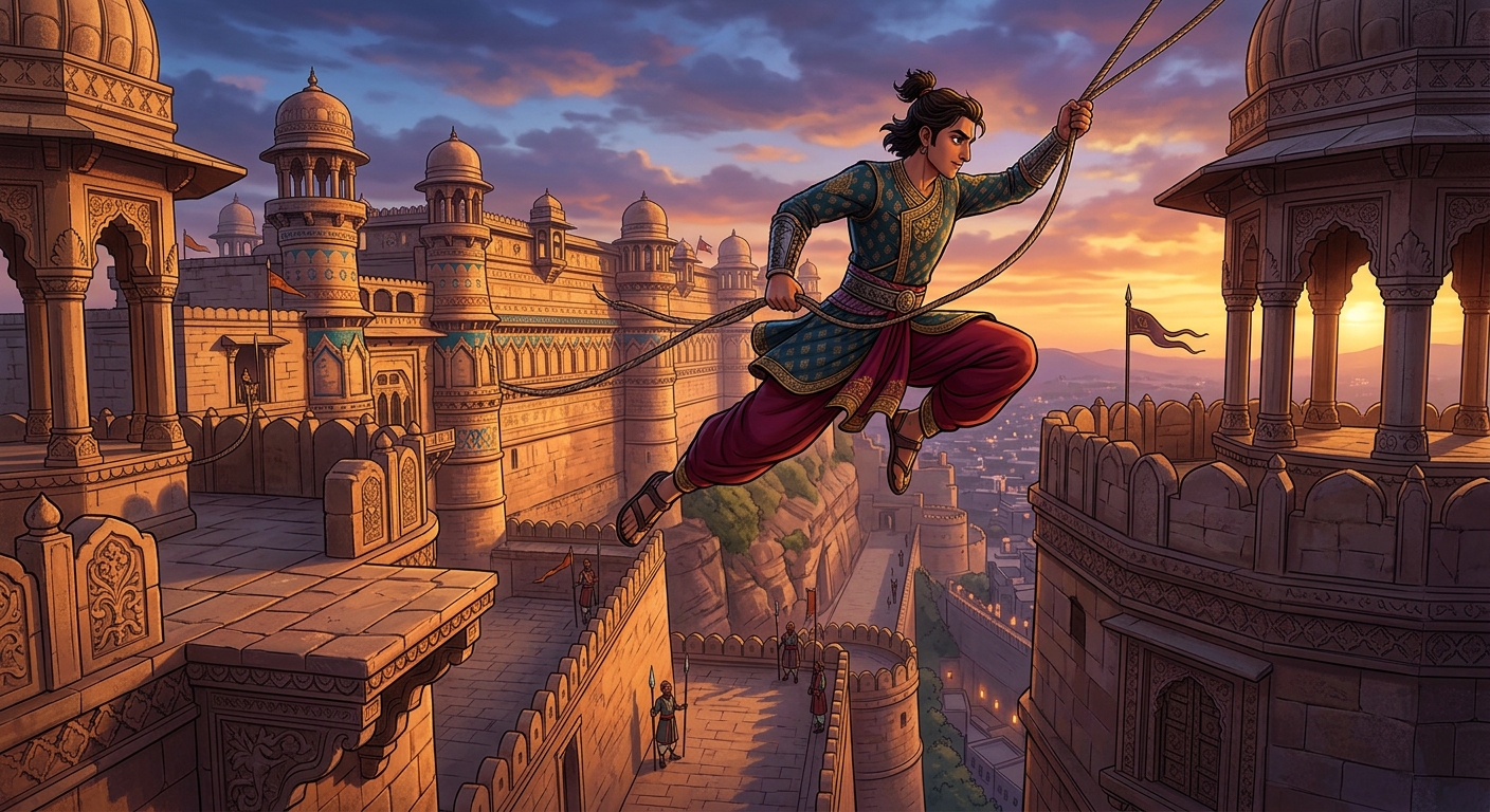 Chandaka deftly leaping across high battlements of the royal fortress using silken ropes