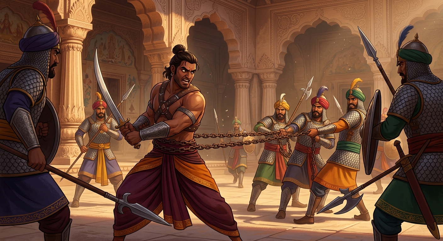 Chandaka fighting heroically against overwhelming royal guards before being trapped in heavy iron chains