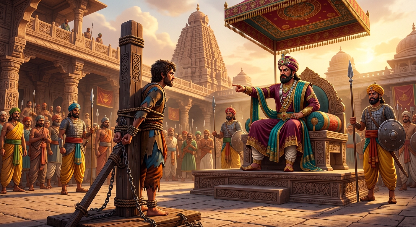 King Viradeva sternly sentencing the unbowed thief to the execution stake