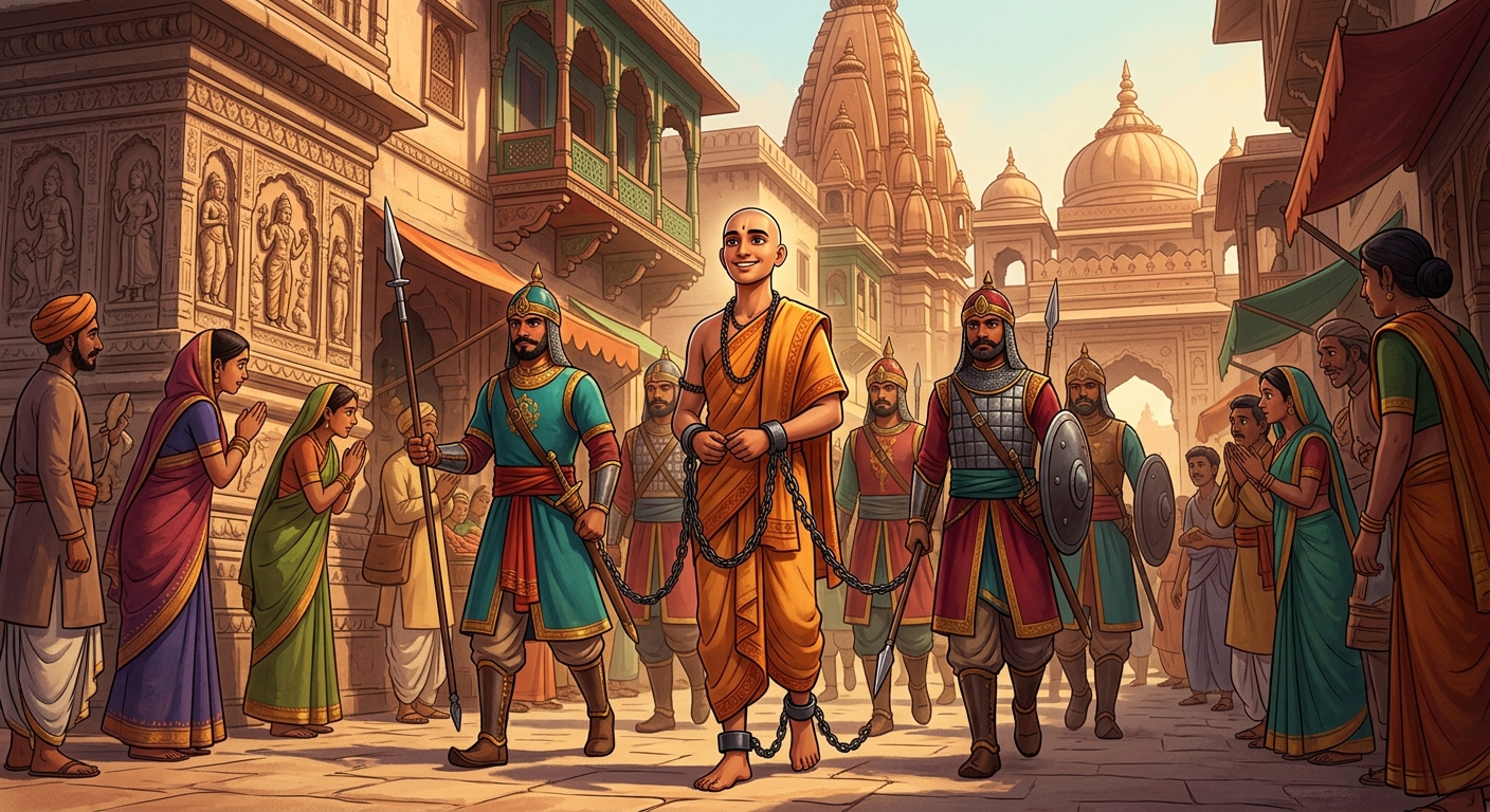 Chandaka marched in heavy chains through the city streets, smiling with serene courage