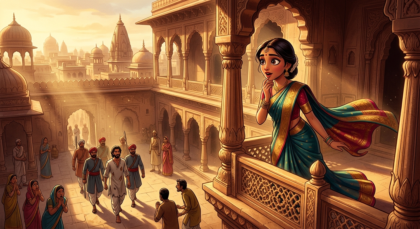 Princess Shashiprabha gazing down from the high palace balcony, captivated by the prisoner's fearlessness