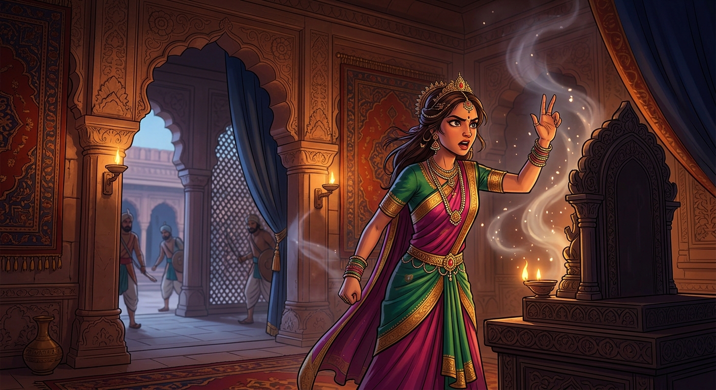 Princess Shashiprabha making a dangerous vow in her chambers to save the condemned hero