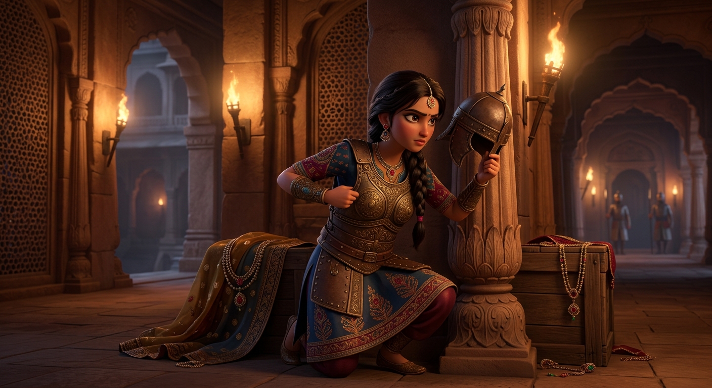 Princess Shashiprabha disguising herself in royal guard armor to infiltrate the dungeon