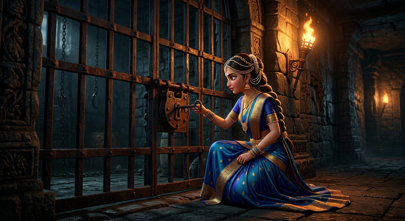Princess Shashiprabha unlocking the heavy iron prison bars in the torchlit dungeon