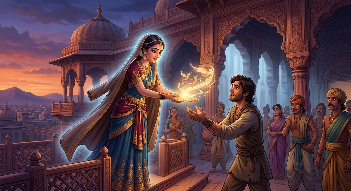 Princess Shashiprabha revealing her identity and offering freedom and flight to Chandaka