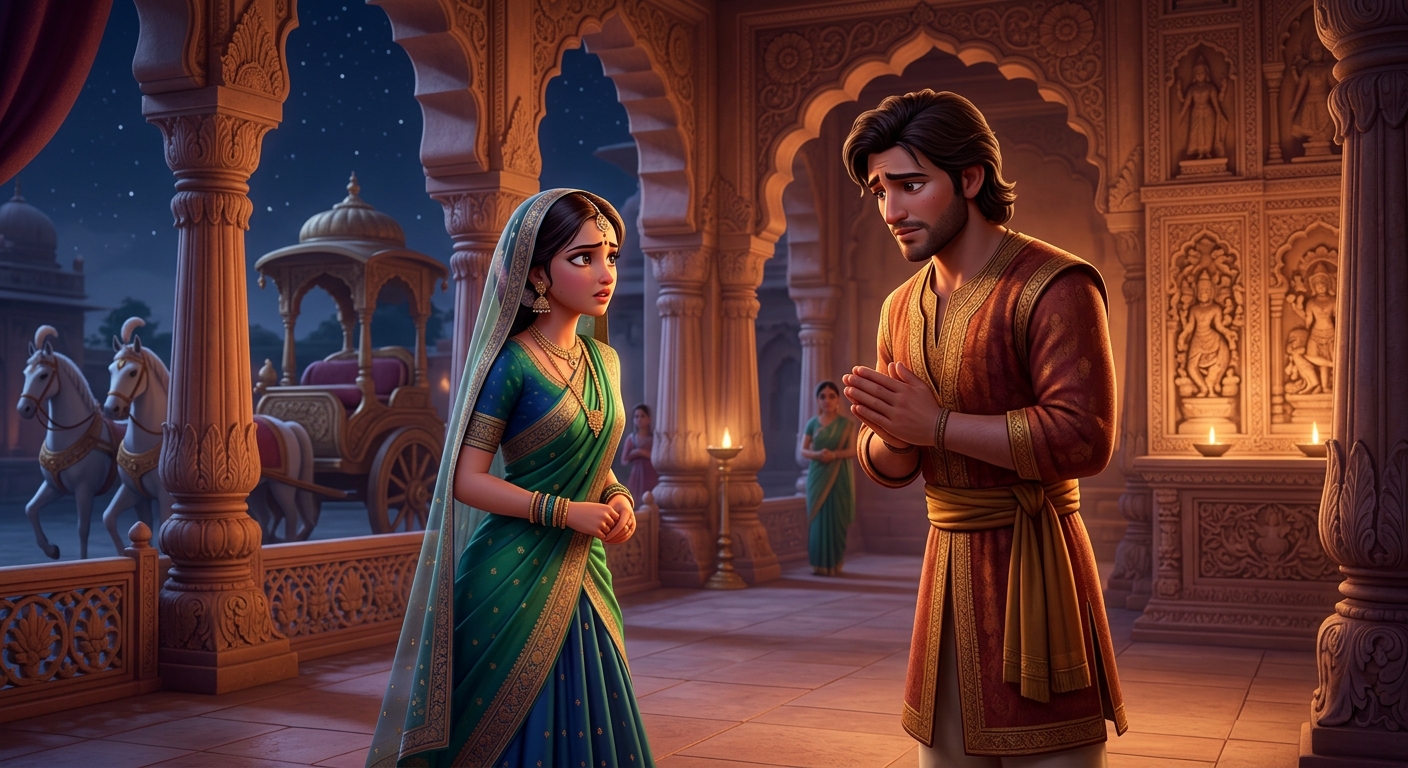 Chandaka gently shaking his head and declining to flee with the Princess to safeguard her honor