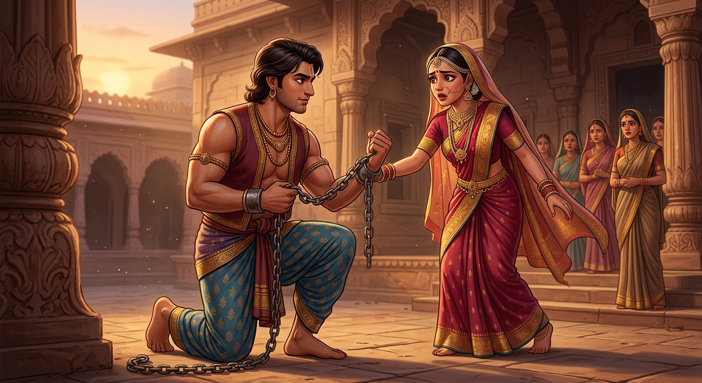 Chandaka voluntarily placing the iron chains back upon his own wrists to protect the Princess