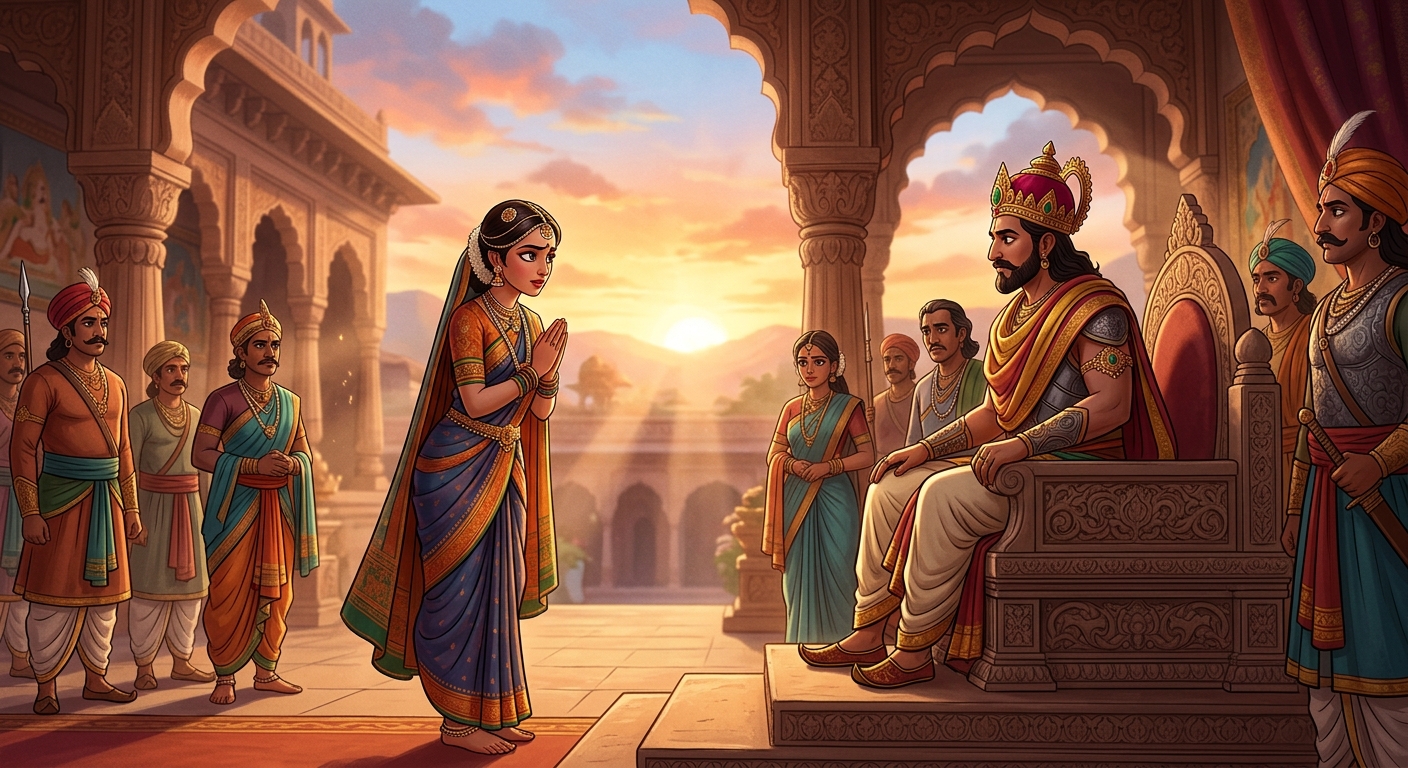 Princess Shashiprabha confessing everything proudly before King Viradeva at sunrise