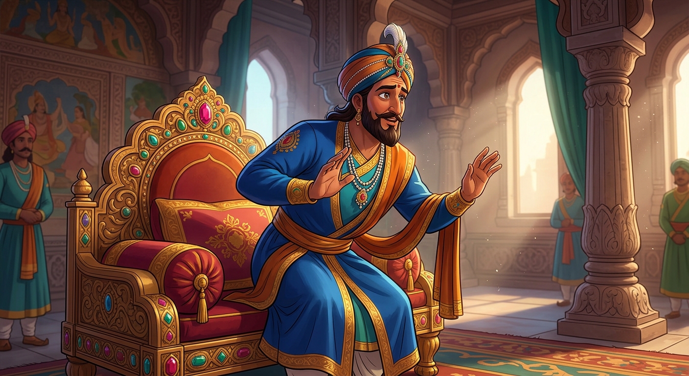 King Viradeva rising from his throne, deeply moved by the thief's extraordinary virtue