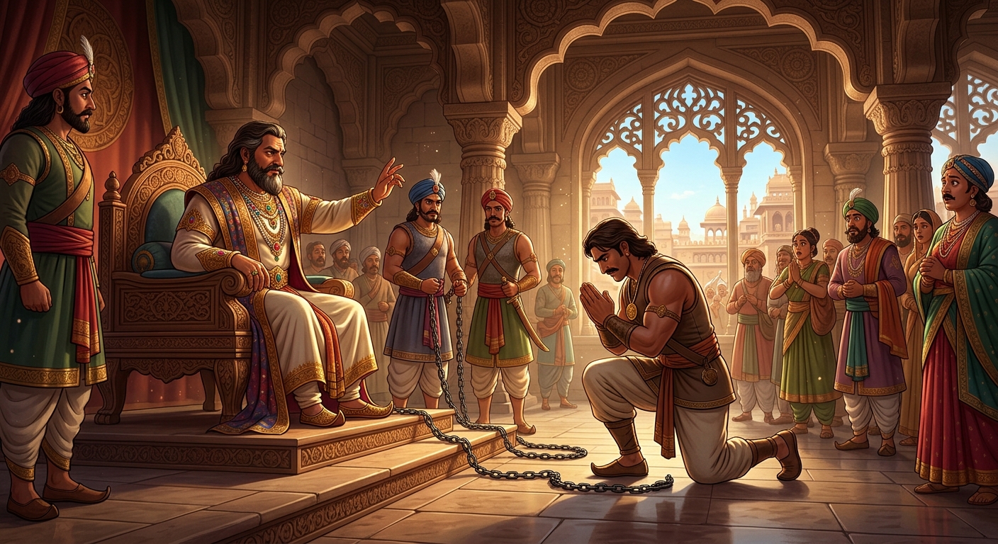 The King ordering the chains removed, granting Chandaka full pardon and appointing him royal commander