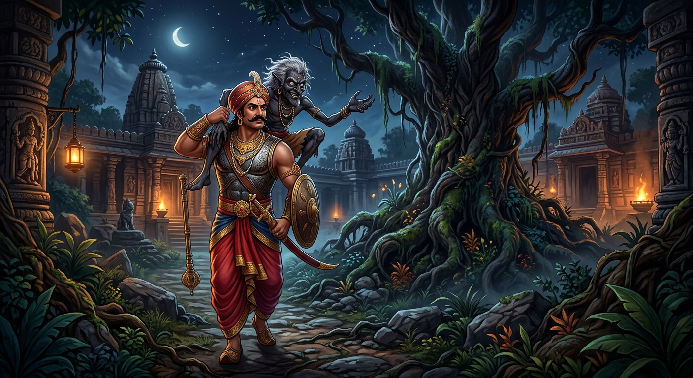 King Vikramaditya carrying Betal near the haunted Shinshapa tree as Betal poses the subtle moral riddle