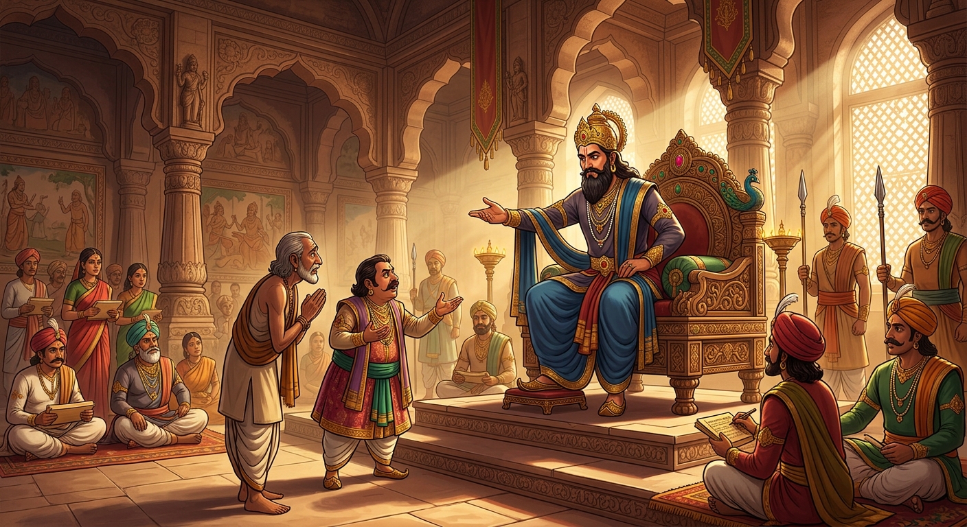 King Vikramaditya delivering his discerning philosophical judgment with absolute clarity