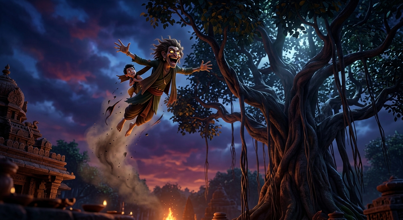 Betal cackling wildly and flying high into the dark branches of the Shinshapa tree