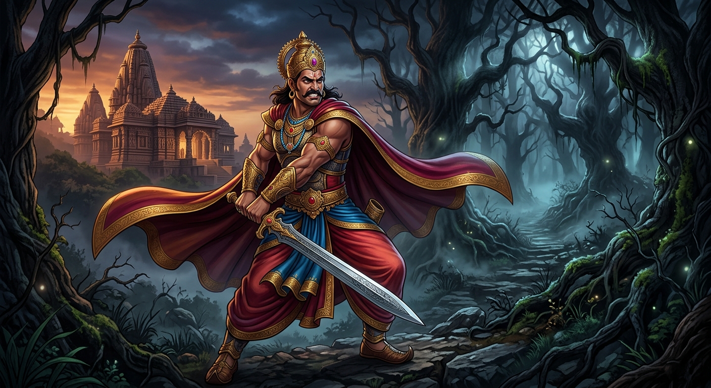 King Vikramaditya firmly gripping his sword and turning back into the haunted forest with unyielding resolve