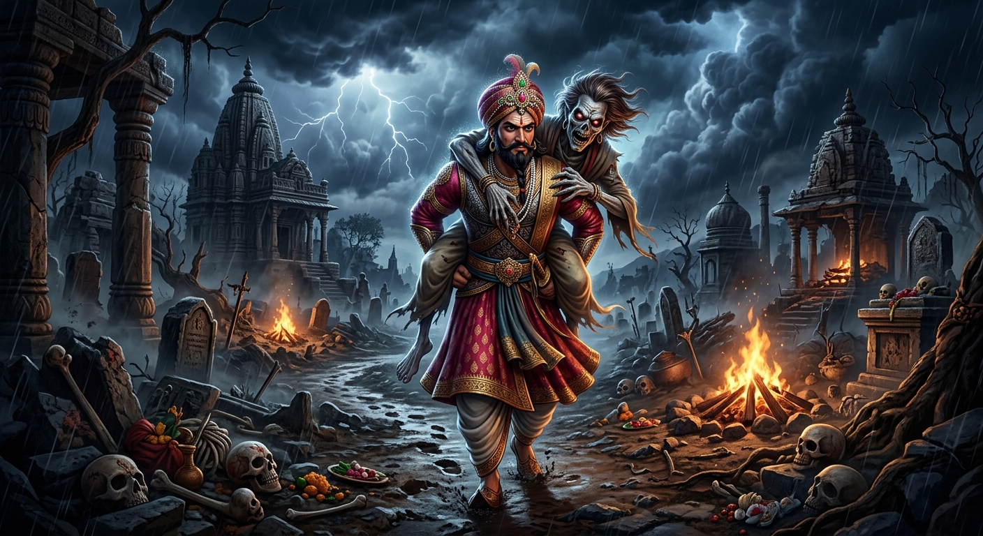 King Vikramaditya carrying Betal across the haunted cremation ground under a tempestuous night sky