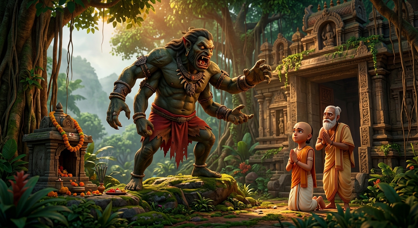 The fierce forest demon demanding the blood sacrifice of a pure Brahman child