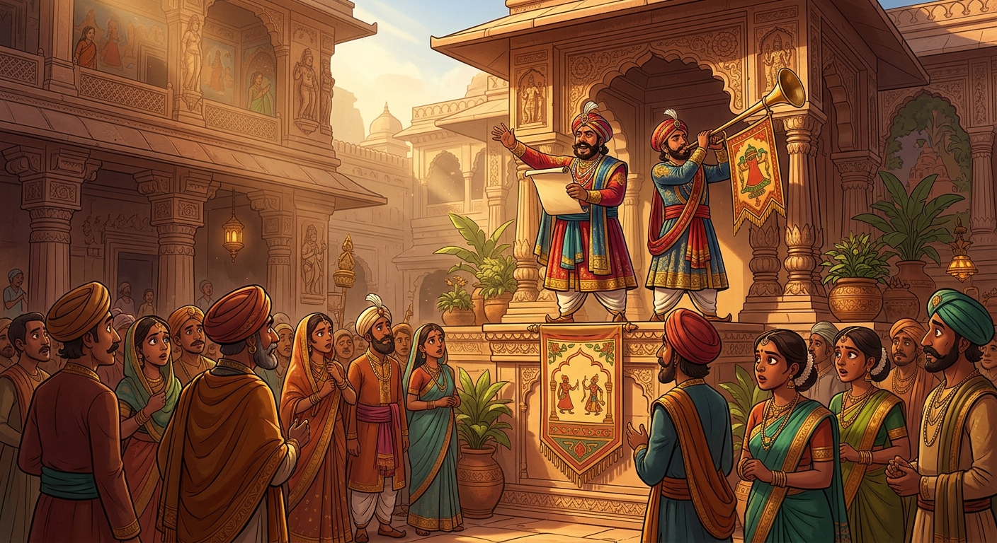 Royal heralds proclaiming a reward of a hundred golden villages for a sacrificial child