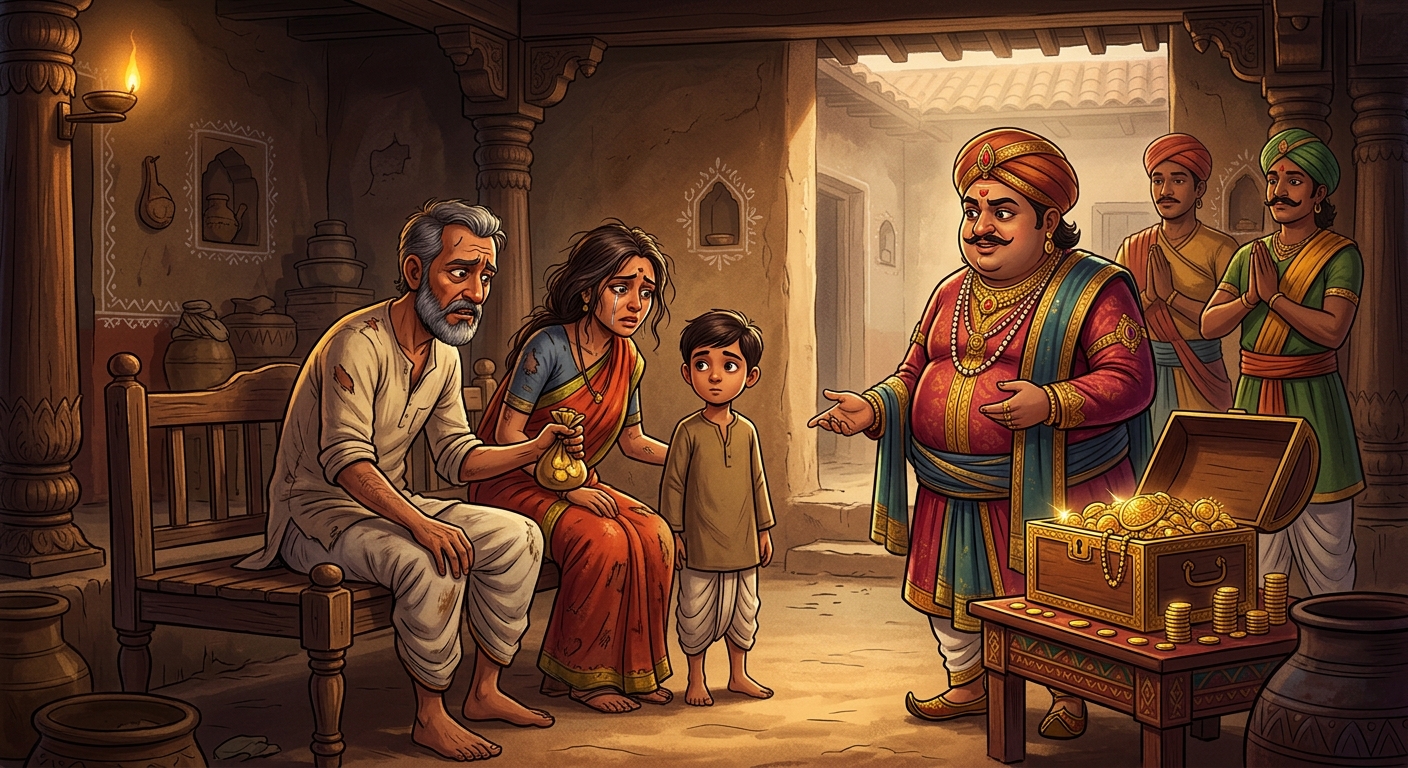 The impoverished Brahman parents overcome by greed agreeing to trade their son for wealth