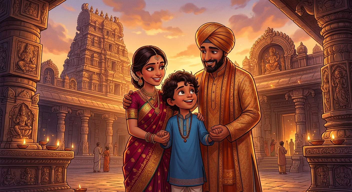 The innocent seven-year-old boy Gunakar smiling gently, completely trusting his parents