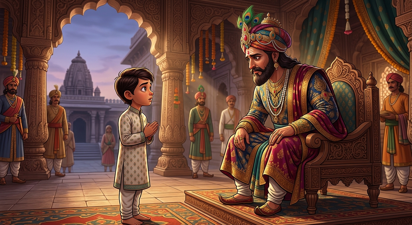 King Chandraprabha looking at the young boy with mixed sorrow, duty, and determination