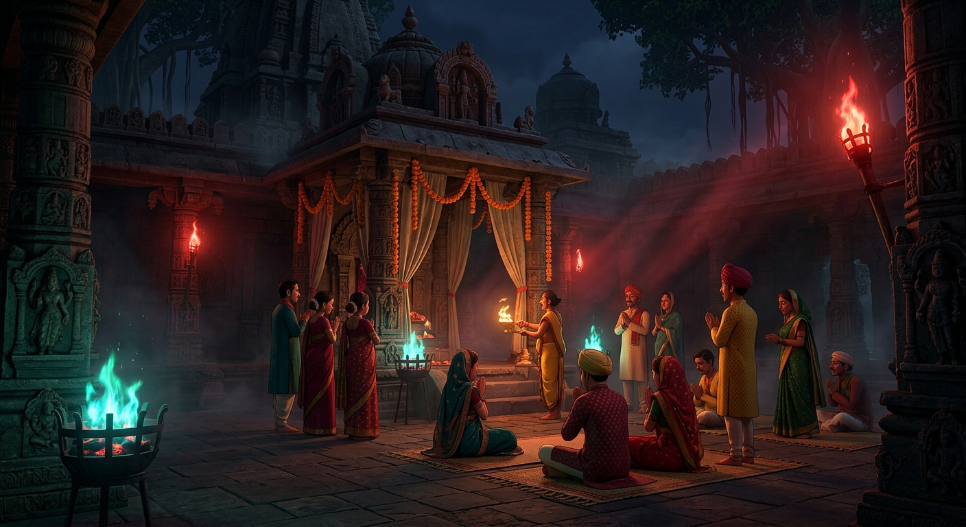 The eerie midnight temple of Goddess Chandika illuminated by blood-red torches and mystic fires
