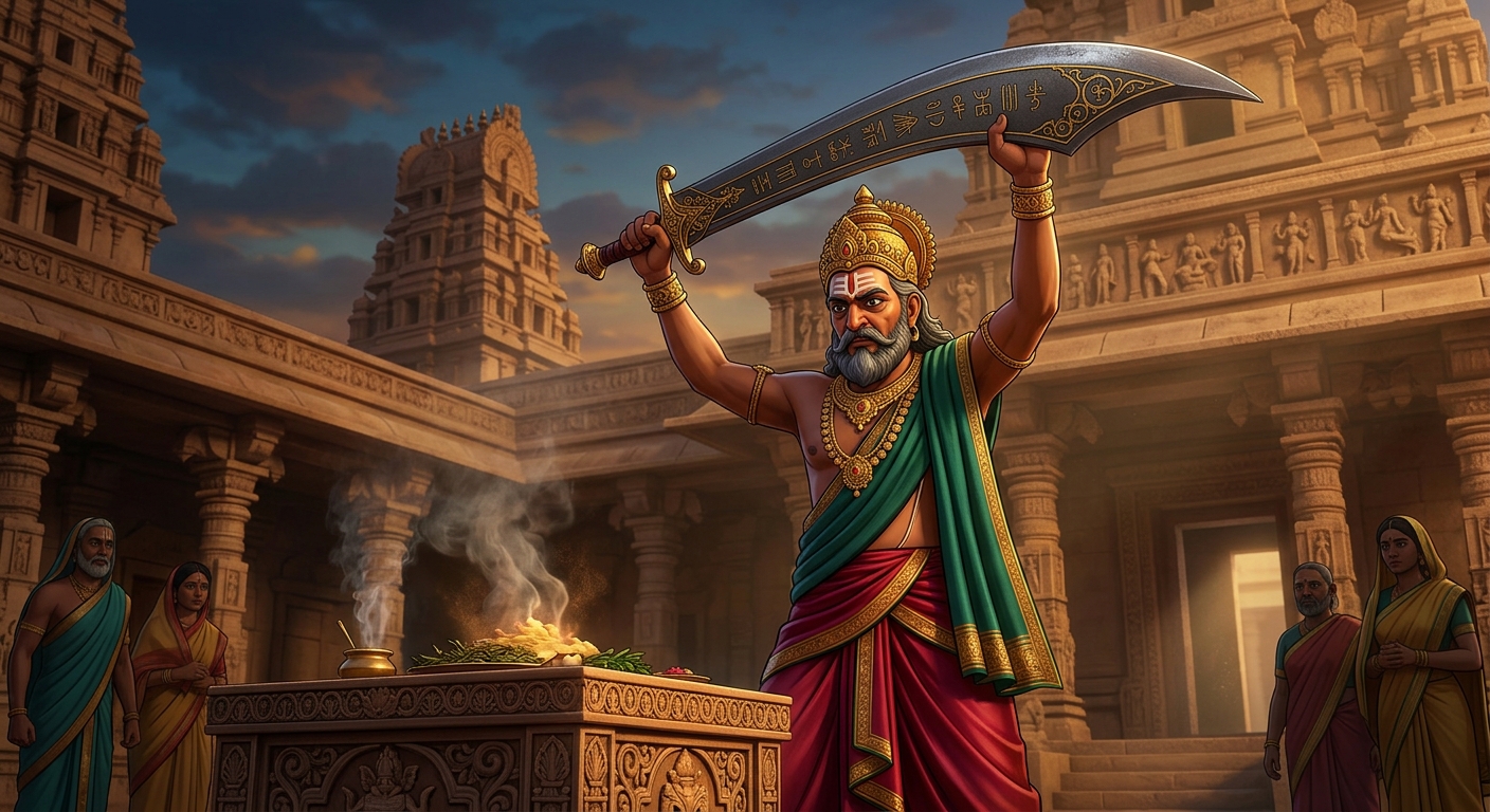 The royal priest raising the massive consecrated sacrificial scimitar