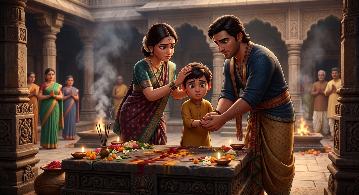 The parents holding down their own child's head and hands upon the sacrificial stone