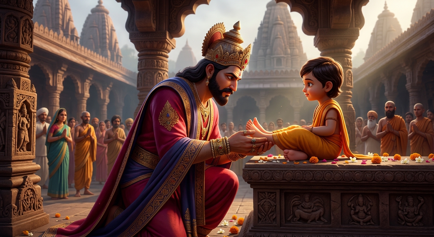King Chandraprabha holding the child's feet down upon the altar