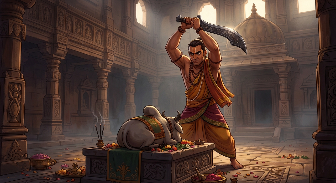 The priest raising the heavy sacrificial blade to strike the final decapitating blow