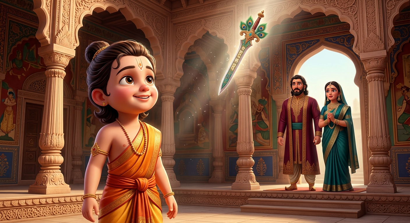 Young Gunakar looking at his parents, the King, and the descending sword, his face breaking into an angelic smile