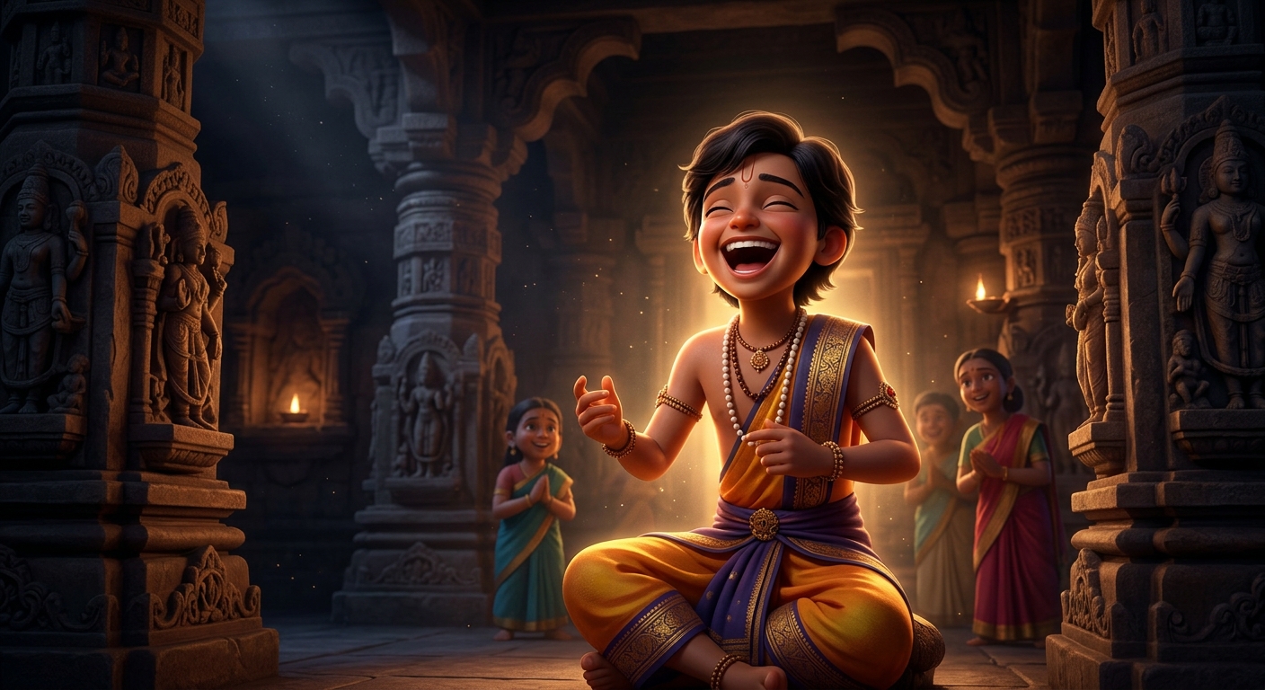 Gunakar laughing with pure, transcendent, musical joy, illuminating the dark temple with spiritual light
