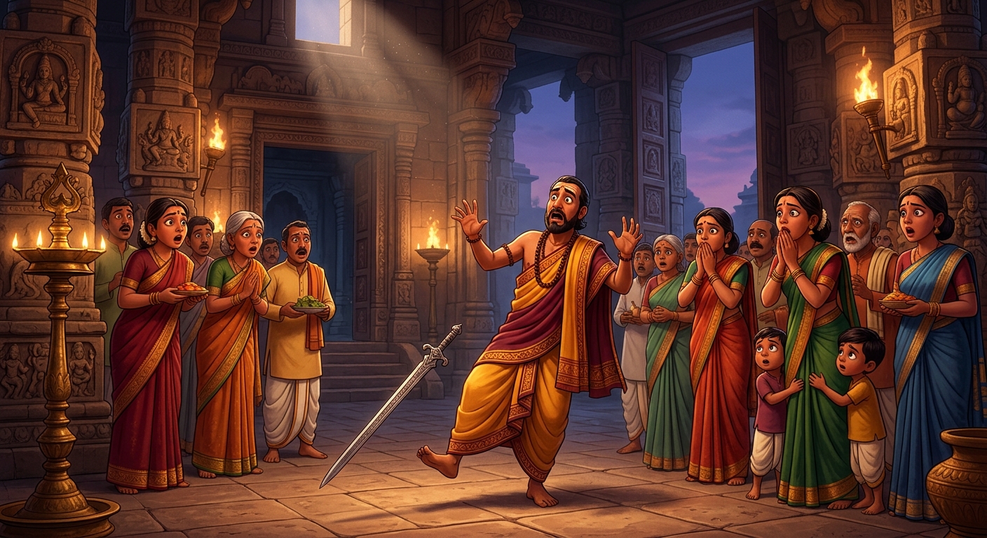 The priest dropping the sword in terror as everyone freezes in profound shock and wonder