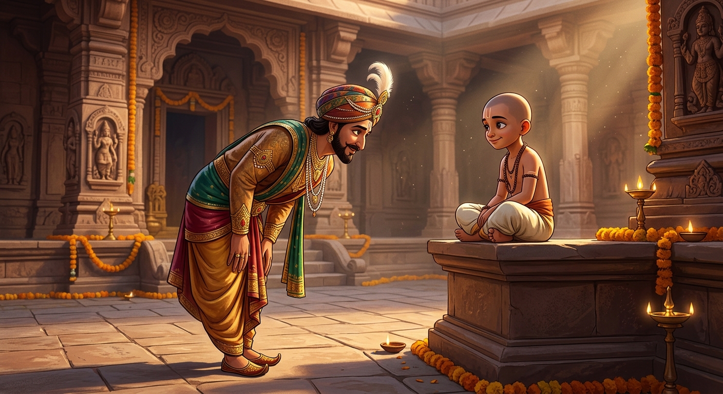 King Chandraprabha bowing before the young boy, begging to understand the mystery of his laughter