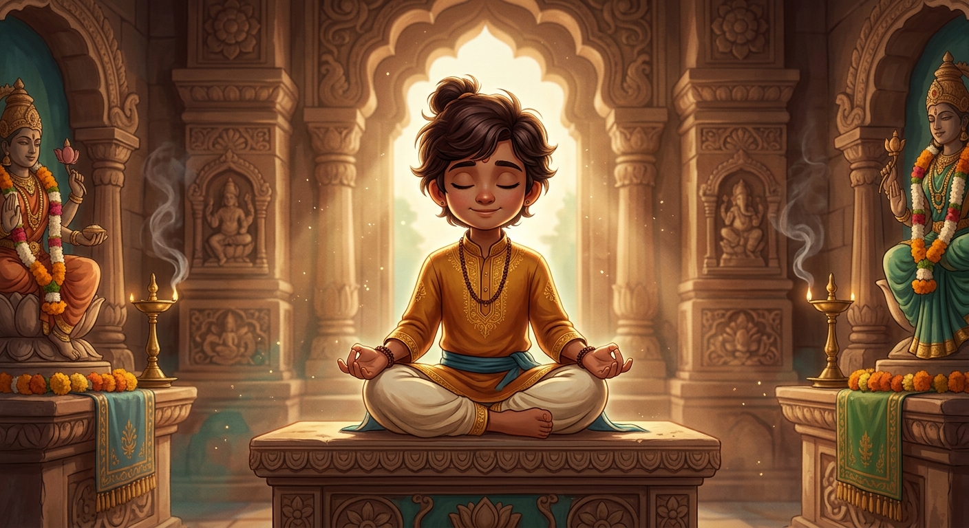 Young Gunakar sitting peacefully upon the altar, radiating profound philosophical peace