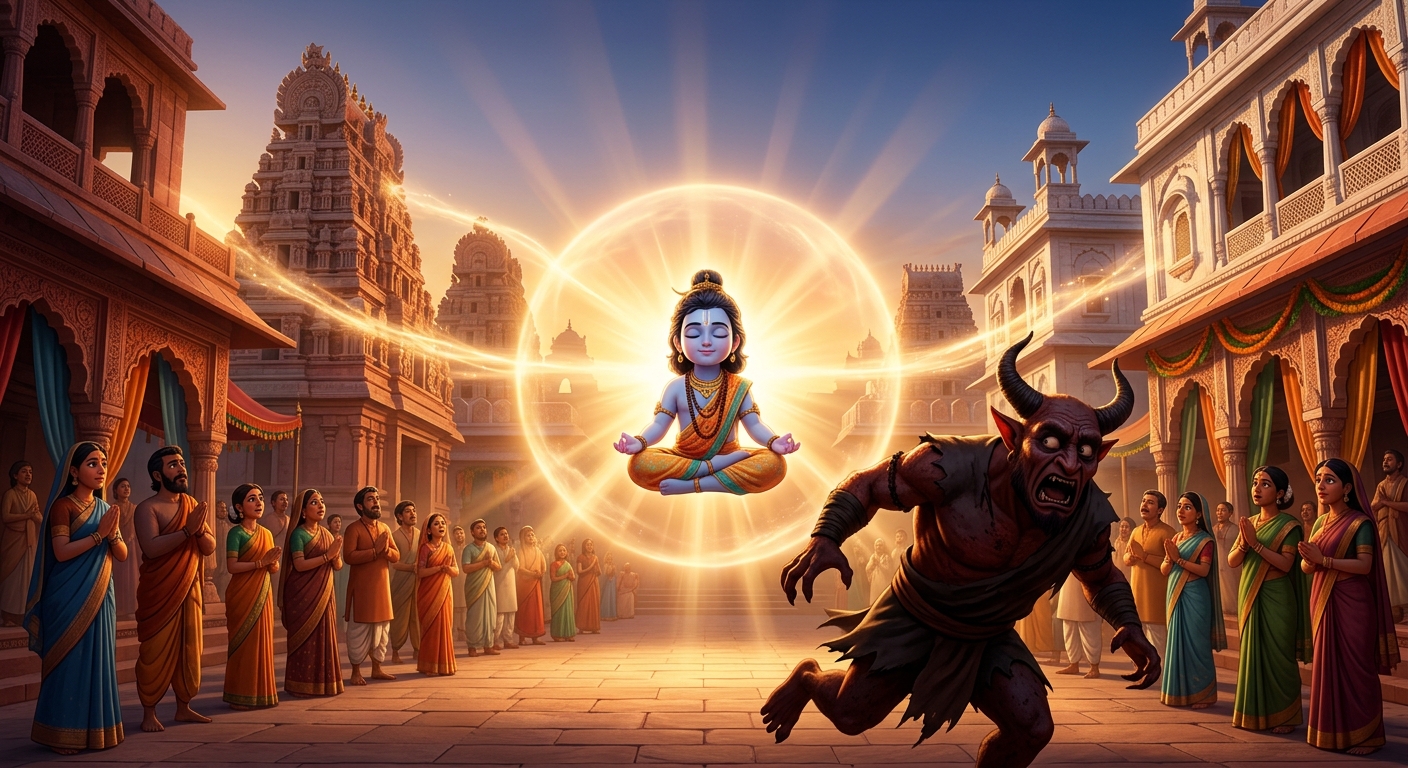 The demon fleeing in terror as the child's spiritual enlightenment purifies the entire kingdom