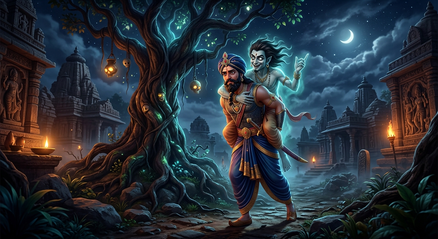 King Vikramaditya carrying Betal near the haunted Shinshapa tree as Betal poses the ultimate existential riddle