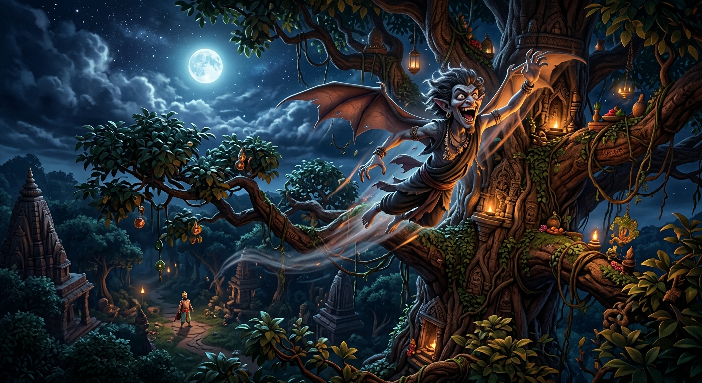 Betal cackling wildly and flying high into the dark branches of the Shinshapa tree