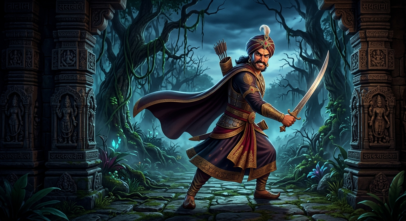 King Vikramaditya firmly gripping his sword and turning back into the haunted forest with unyielding resolve