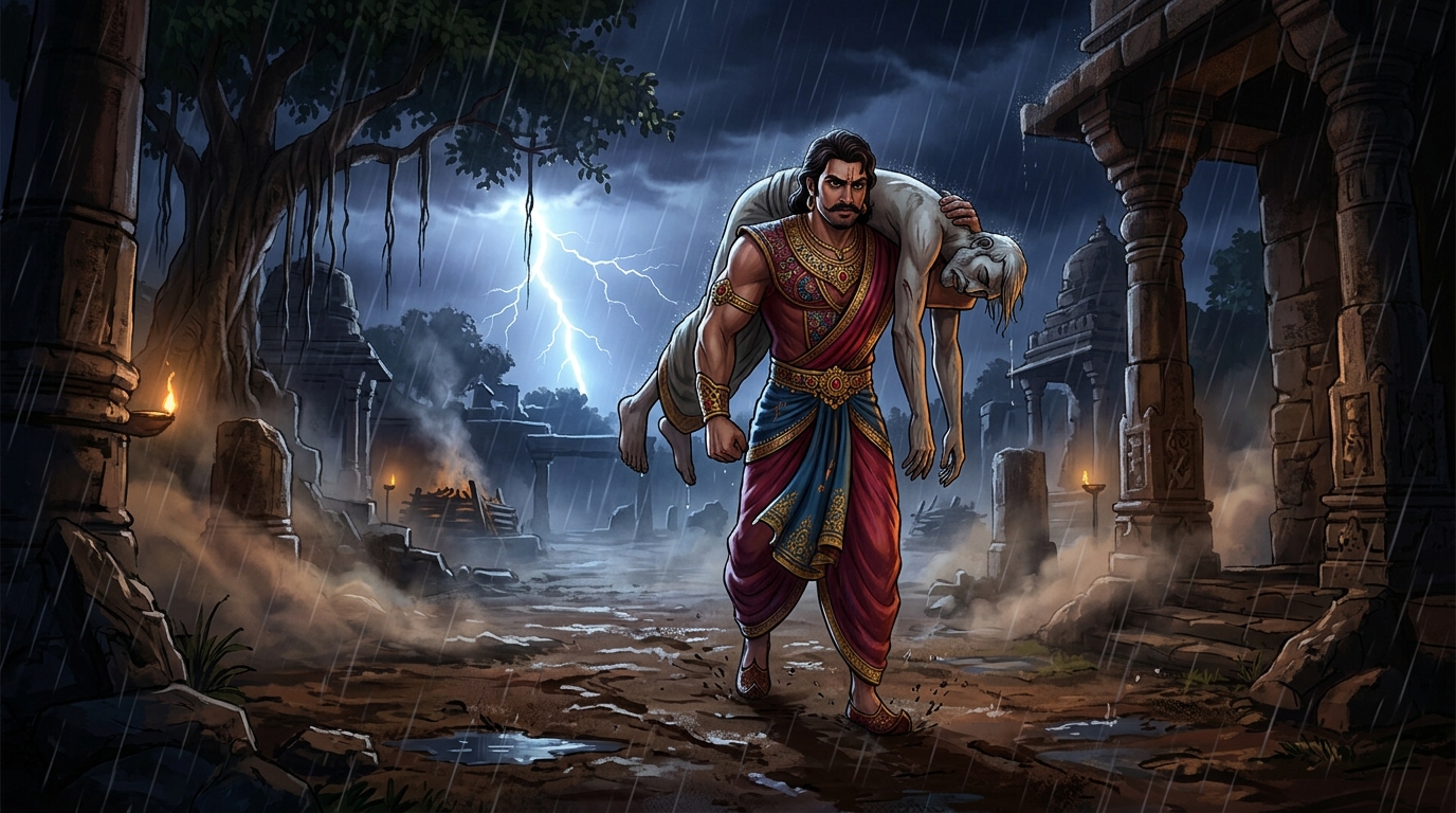 [AI Prompt: Cinematic wide angle, stormy midnight cremation grounds, fierce rain and thunder, King Vikramaditya carrying the corpse across his muscular shoulder with unyielding resolve, dark fantasy Indian comic art style, vivid shadows and dramatic lightning]