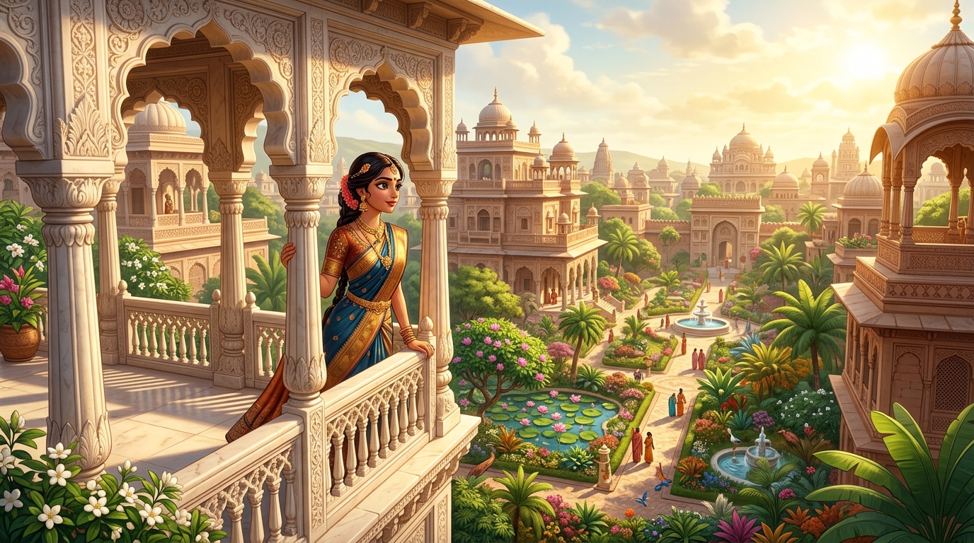 [AI Prompt: Wide shot, the sunlit marble balconies and royal gardens of Vishala city, maiden Anangamanjari gazing gracefully from her ornate balcony, rich classical Indian architecture, bright golden sunlight]
