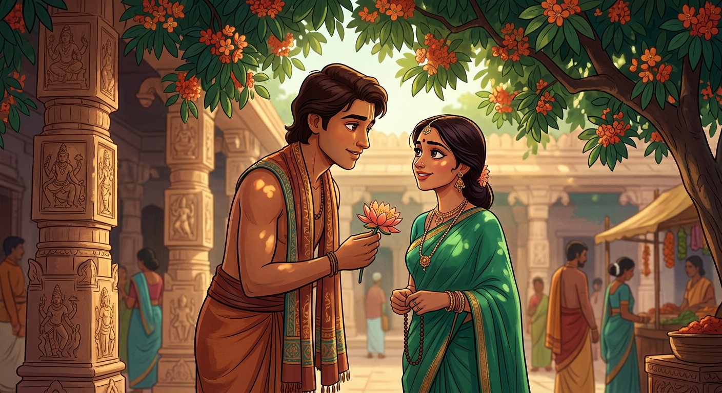 [AI Prompt: Medium close-up, handsome young merchant youth Manivarma locking eyes with Anangamanjari beneath blooming Ashoka trees, romantic Indian graphic novel art style, soft dappled sunlight]