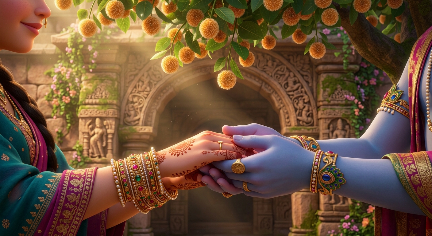 [AI Prompt: Close-up of hands joining beneath flowering Kadamba blossoms, exchange of loving vows, delicate gold bangles, romantic emotional tone]