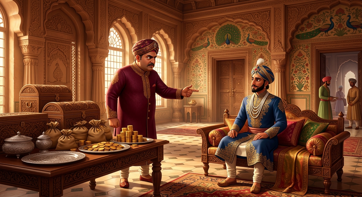 [AI Prompt: Dramatic interior shot, wealthy stern merchant father arranging marriage with high-born noble Manorathasiddhi, piles of dowry chests and gold, traditional Indian palace room]