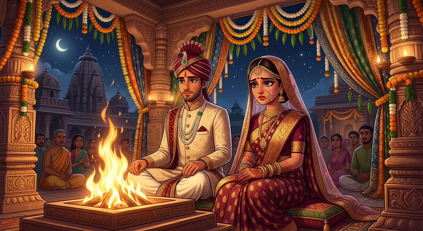 [AI Prompt: Splendid Vedic wedding mandap around blazing sacred fire, bride Anangamanjari veiled with silent tears running down her cheek, groom Manorathasiddhi solemn and respectful]