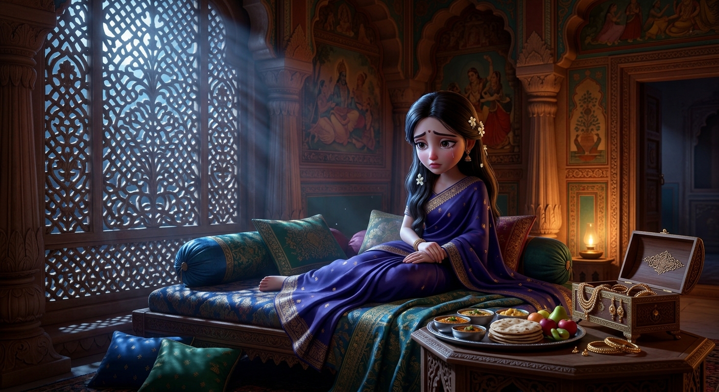 [AI Prompt: Melancholic bedroom scene, Anangamanjari pale and sorrowful lying on silk cushions, refusing food and jewels, moonlight filtering through carved stone jali screen]