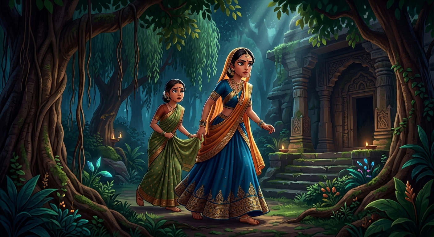 [AI Prompt: Night forest, dense weeping willow and Ashoka trees, Anangamanjari accompanied by her faithful maid slipping secretly into the secluded grove]