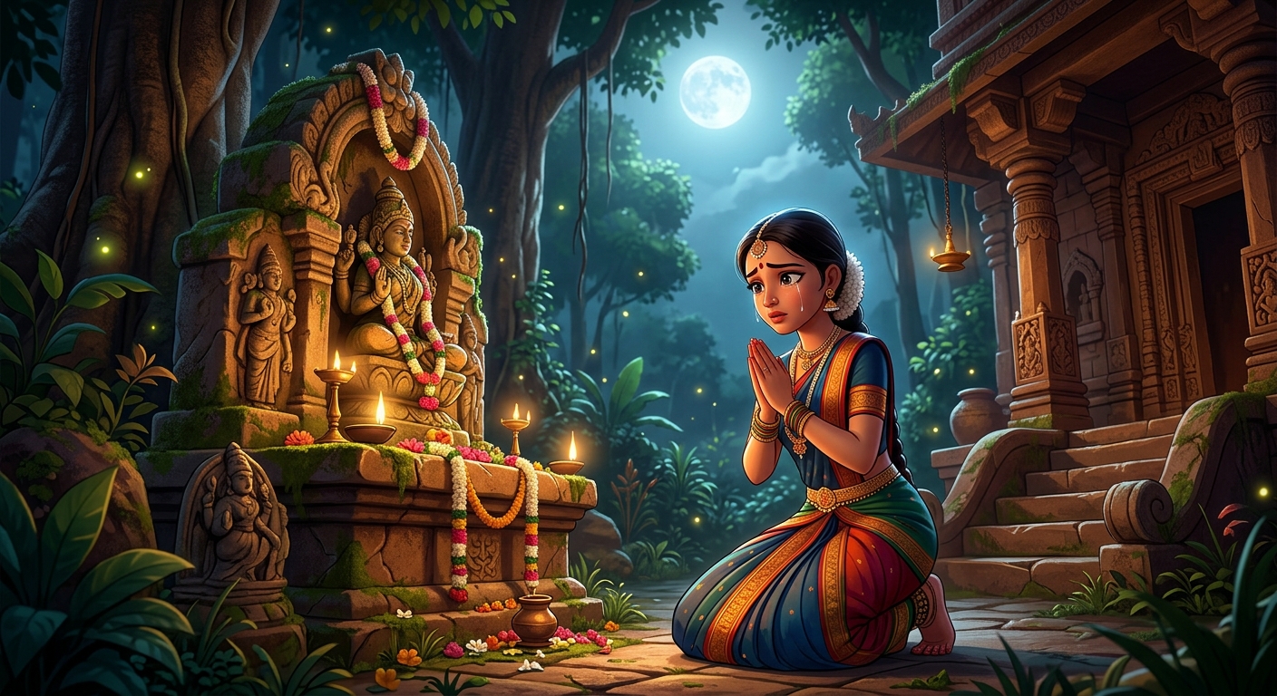[AI Prompt: Low angle shot, Anangamanjari kneeling before an ancient stone shrine of Goddess Gauri in the forest, praying with folded hands, tears glistening in moonlight]