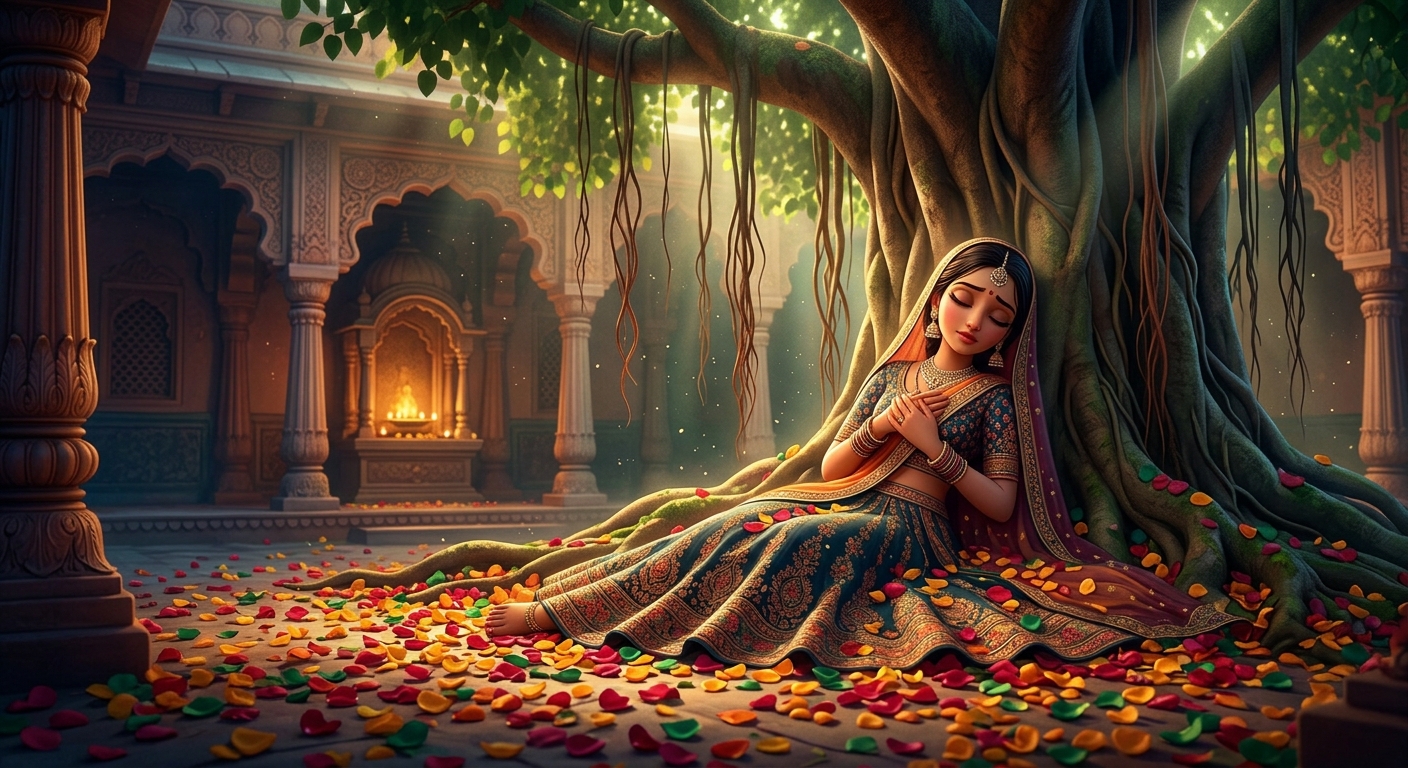 [AI Prompt: Emotional dramatic shot, Anangamanjari collapsing gently onto a bed of fallen flowers beneath the sacred tree, breath ceasing, serene and tragic expression]